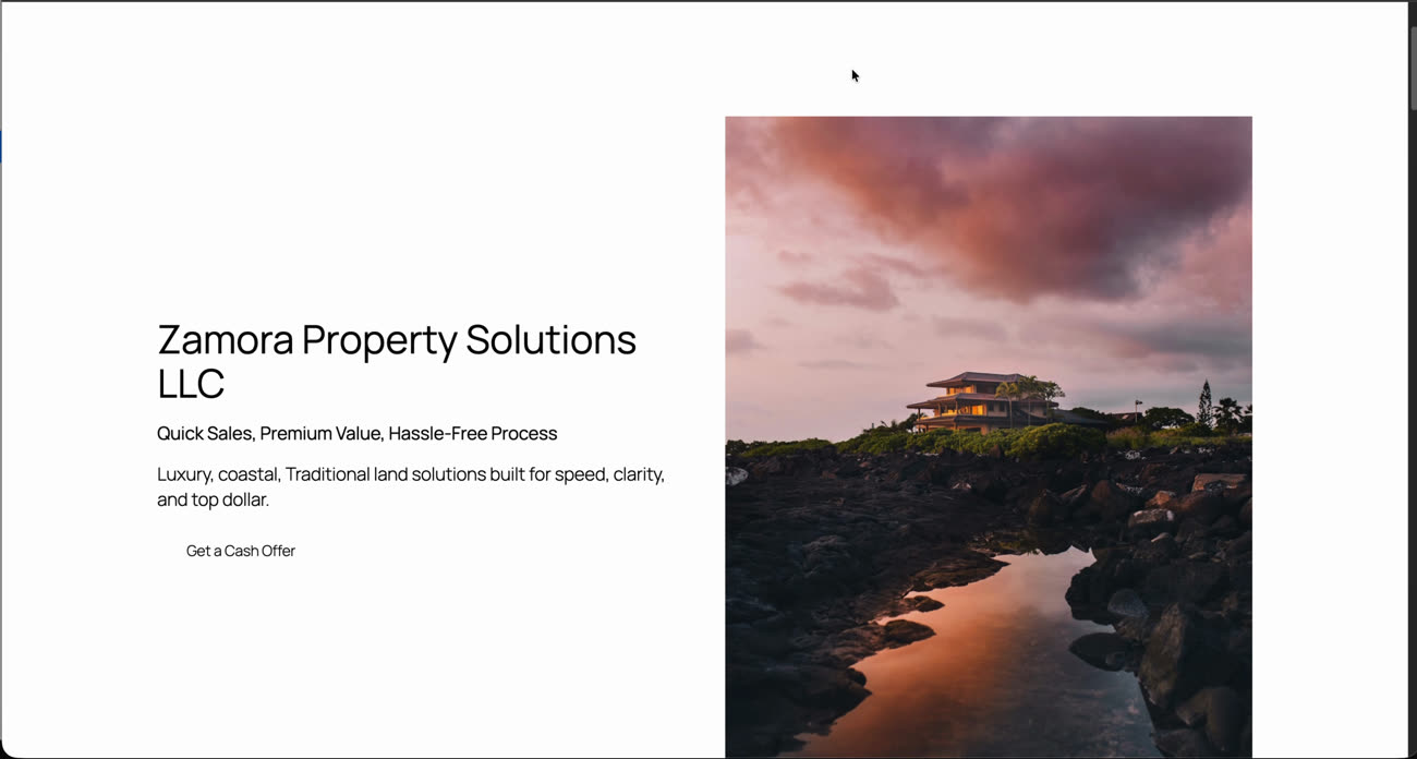 Zamora Property Solutions' previous website — plain unstyled hero