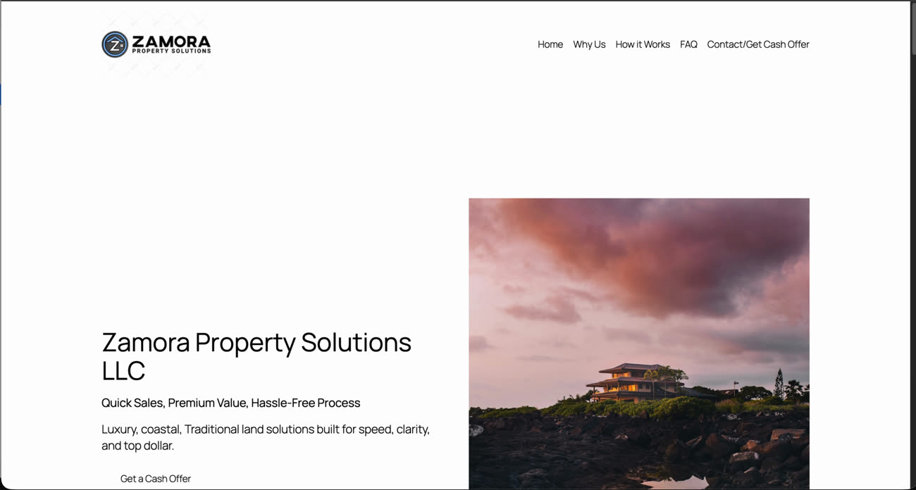 Zamora Property Solutions' previous website — contact form rendered as a plain bulleted list